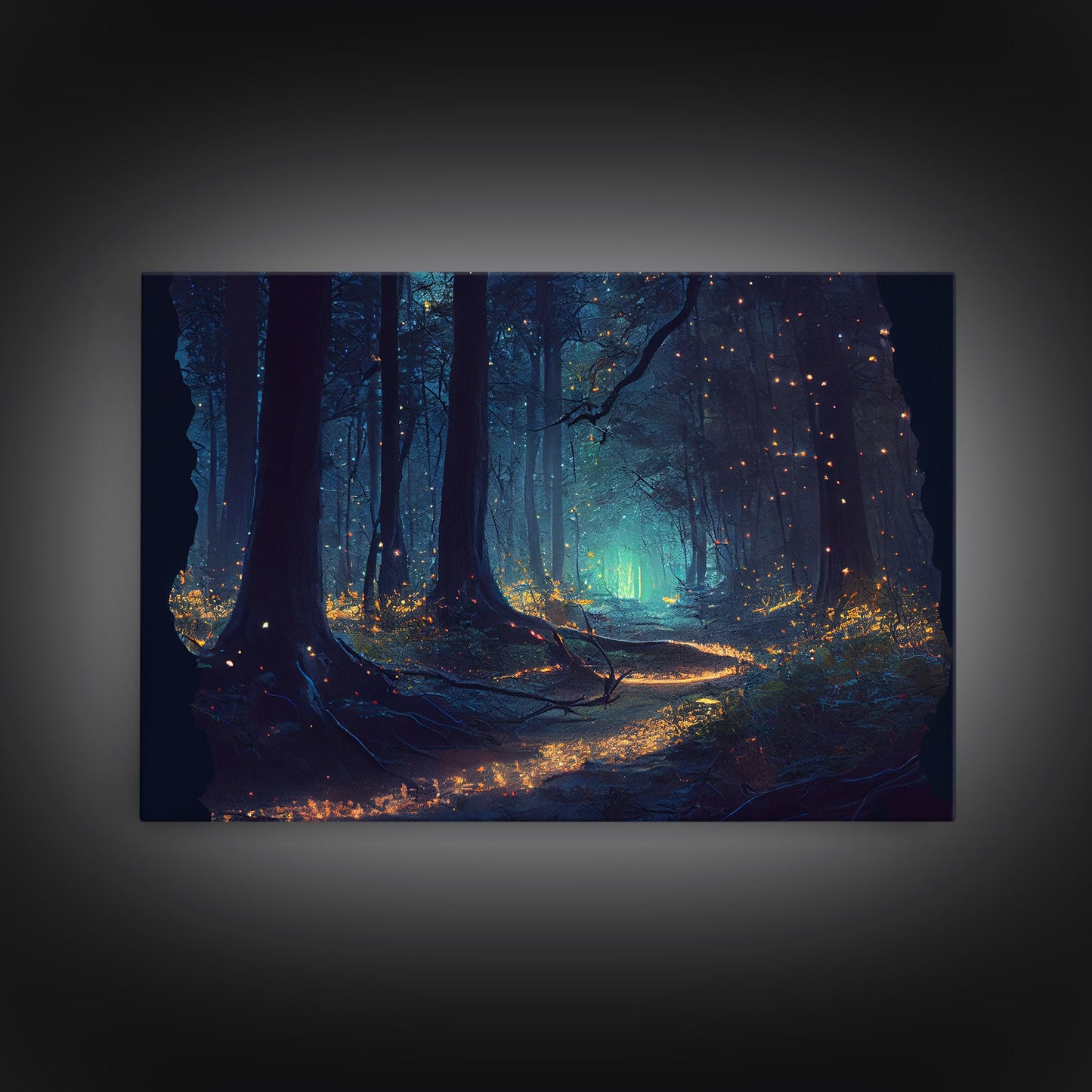 The magical enchanted forest is lit brightly with fireflies at night, framed canvas print, fantasy art