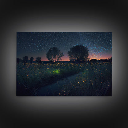 Fireflies light up the Oklahoma Prairie under a Starry night sky, framed canvas print