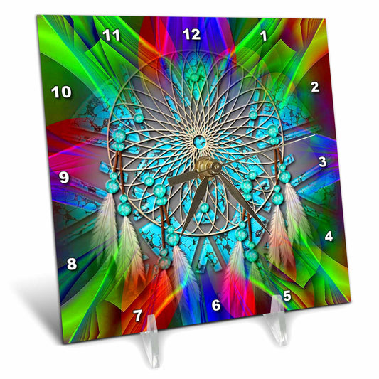 3dRose Spiritual Awakenings Native American Indian - Abstract Bright Fractal Colors with a Indian Dream Catcher - Desk Clocks