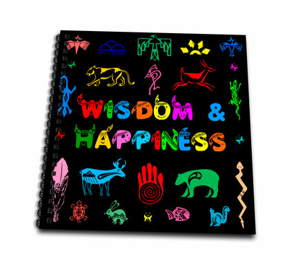 3dRose Alexis Design - Positive - Colorful Native American Symbols, Text Wisdom and Happiness on Black - Drawing Book