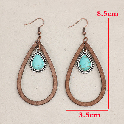 Wooden Turquoise Cutout Teardrop Earrings