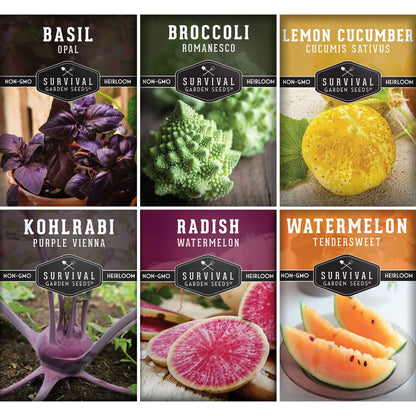 Rare Exotic Vegetable & Fruit Seeds – 6 Variety Heirloom Pack with Romanesco Broccoli, Watermelon Radish, Lemon Cucumber, and More