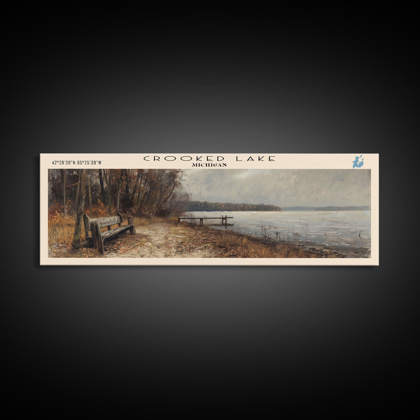 Crooked Lake Michigan Framed Canvas Print, Lake House Art, Panoramic Wall Art, Travel Poster, Minimalist Lake Painting, Home Decor
