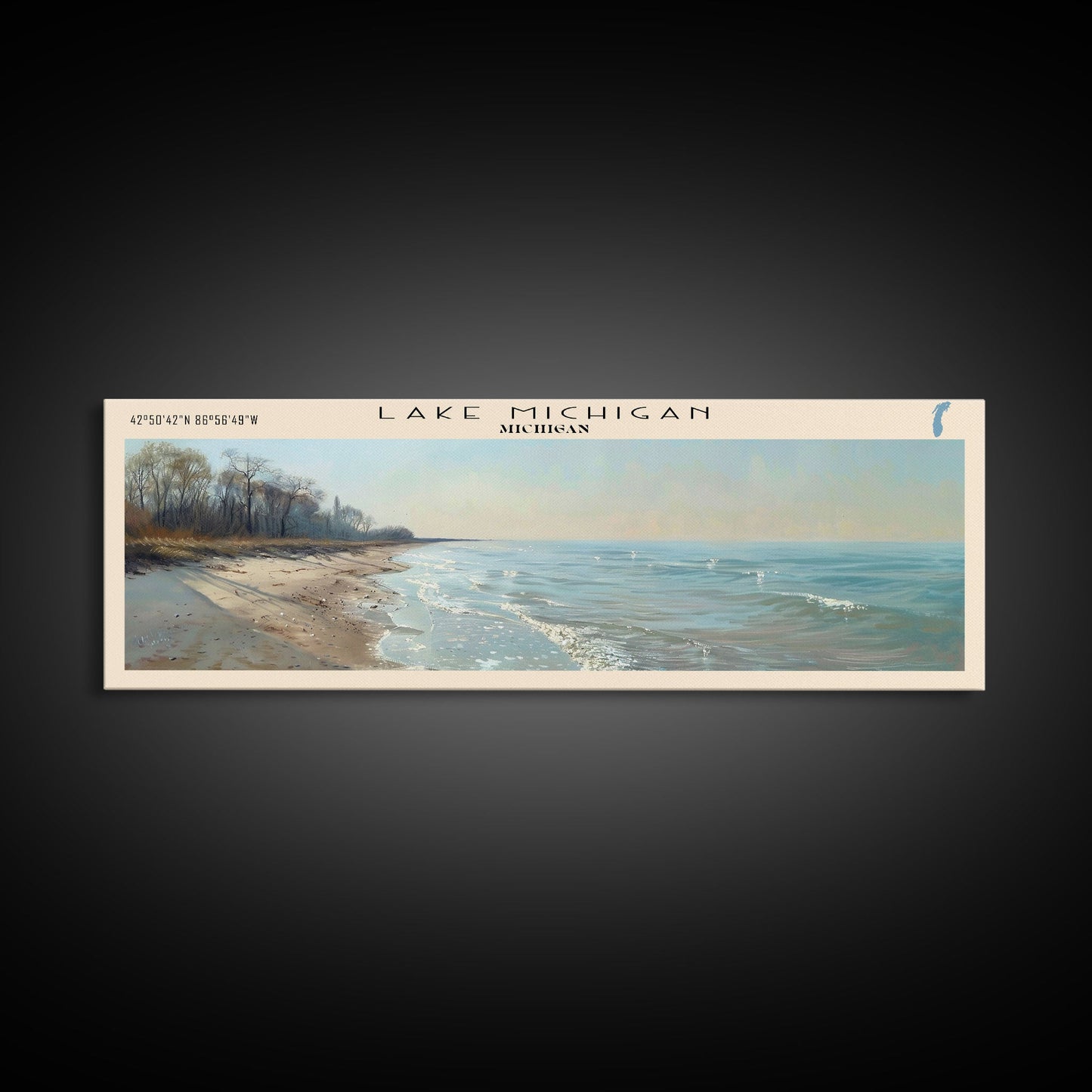 Lake Michigan Framed Canvas Print, Lake House Decor, Panoramic Wall Art, Travel Poster, Beautiful Landscape Painting, Bedroom Decor