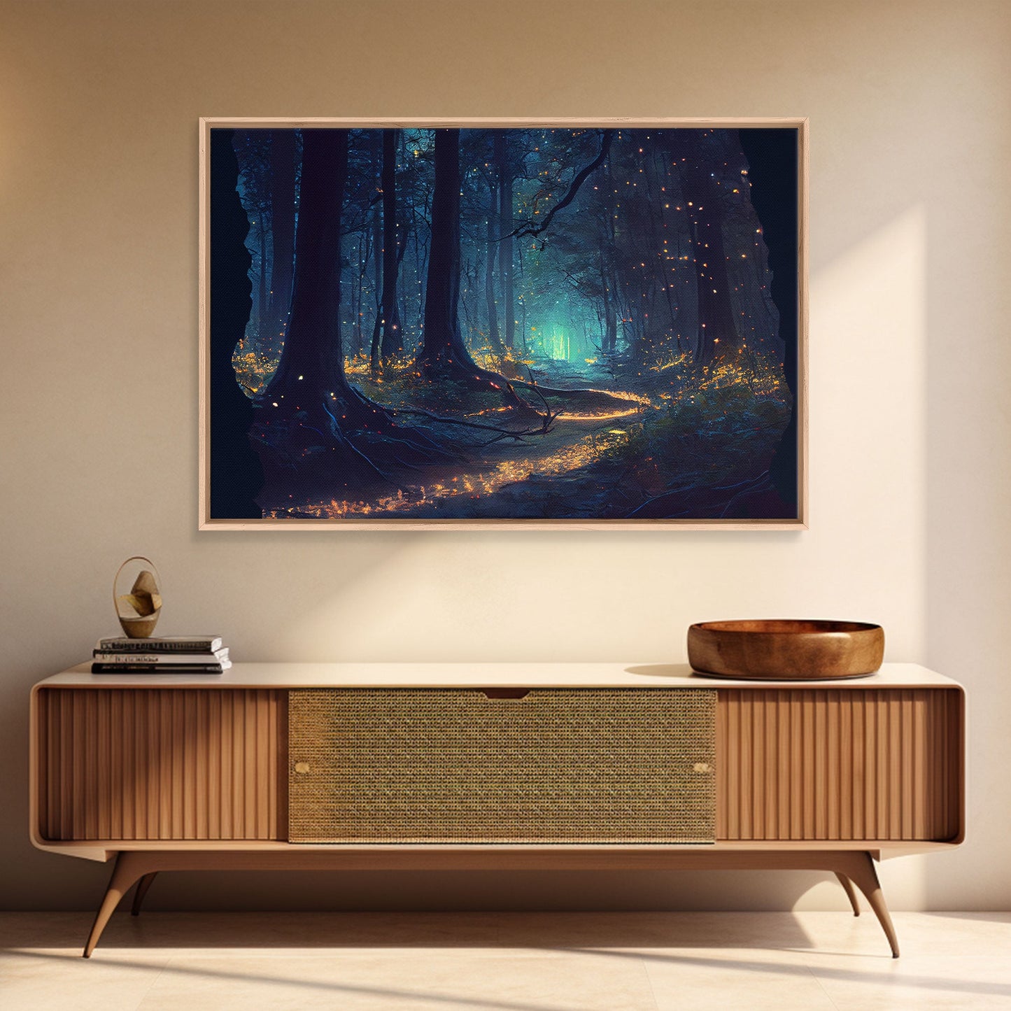 The magical enchanted forest is lit brightly with fireflies at night, framed canvas print, fantasy art