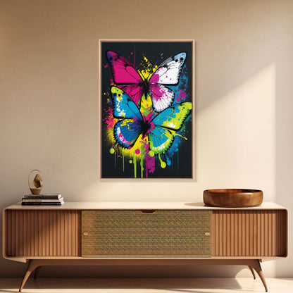 Graffiti Butterfly Art, Framed Canvas Print, Large Wall Art, Contemporary Punk Art, Butterflies, Pop Art, Paint Splatter Art