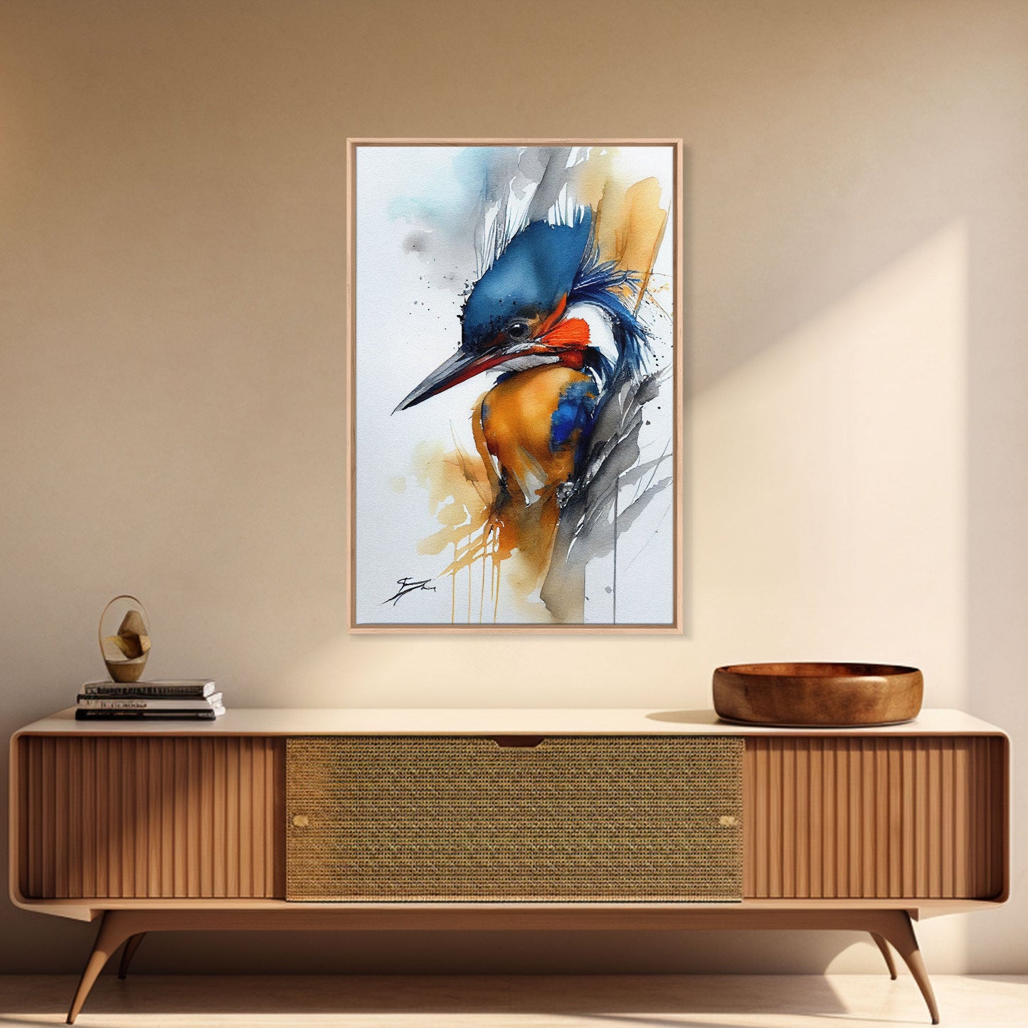 Watercolor of a Kingfisher, Framed Canvas Print, Bird Painting, Bird Watcher Art, Blue and Orange Kingfisher Watercolor Painting