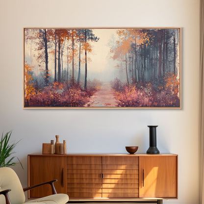 Misty Autumn Woods Framed Canvas Print, Moody Fall Pathway Art, Fall Home Decor, Modern Farmhouse Seasonal Wall Art, Holiday Gift Idea