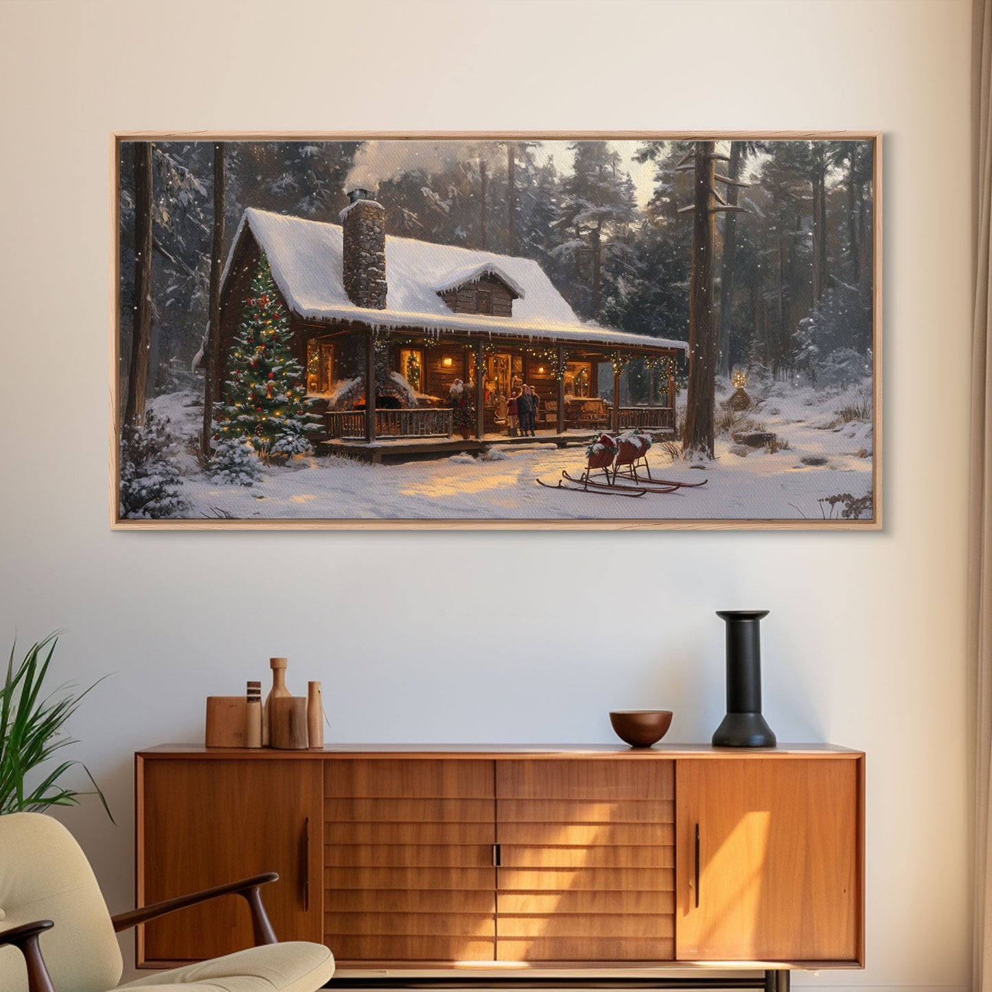 Cozy Christmas Cabin in Woods Framed Canvas Print - Rustic Christmas Decor and Winter Wonderland Scene with Holiday Wall Art