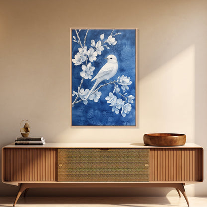 Blue Botanial Wall Art Chinoiserie Wall Art, White Bird, Blue Chinoiserie Home Decor, Botanical Print, Bird Painting, Framed Canvas Print