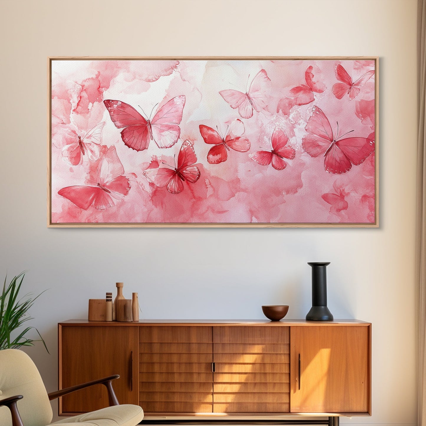 Pink Butterfly Collection Illustration in Whimsical Wall Art Style on Framed Canvas Print, Feminine Bedroom or Living Room Decor