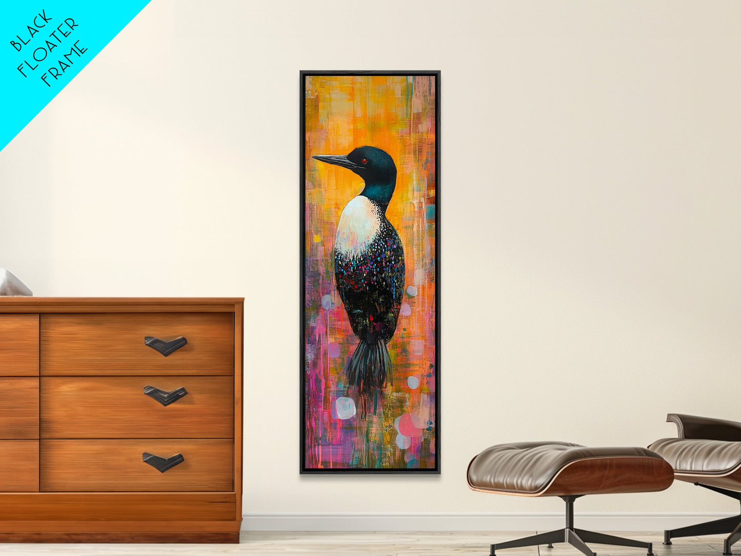 Loon painting, bird art, whimsical art, colorful art, tall narrow art, framed canvas print, moody art, bedroom decor, modern style