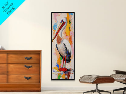 Colorful Pelican, bird art, framed canvas print, whimsical art, vibrant wall art, coastal decor, blue heron painting, rustic art