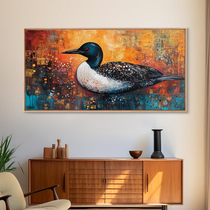Loon Bird Painting, bird art, wildlife art, nature painting, teal wall art, framed canvas print, lake decor, rustic wall art