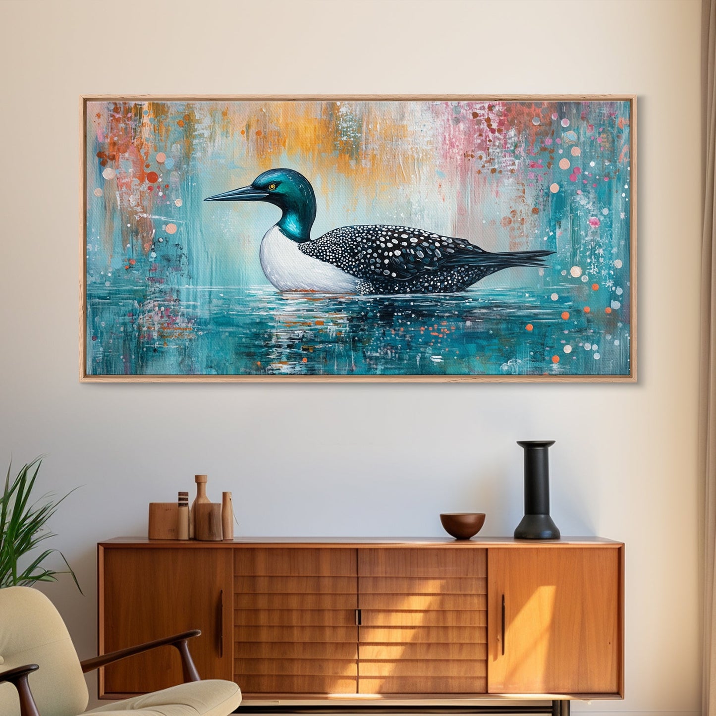 Loon Swimming Art, bird art, teal wall art, nature painting, lake decor, moody art, framed canvas print, rustic wall art