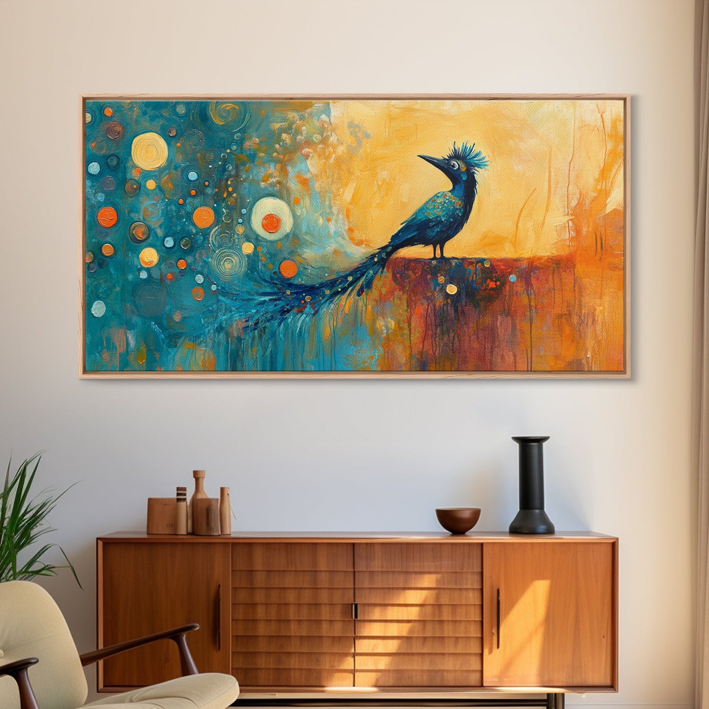 Whimsical Bird Art, Peacock Wall Art, Surreal Painting, Colorful Wall Art, Boho Art, Fantasy Art, Extra Wide Art, Framed Canvas Print