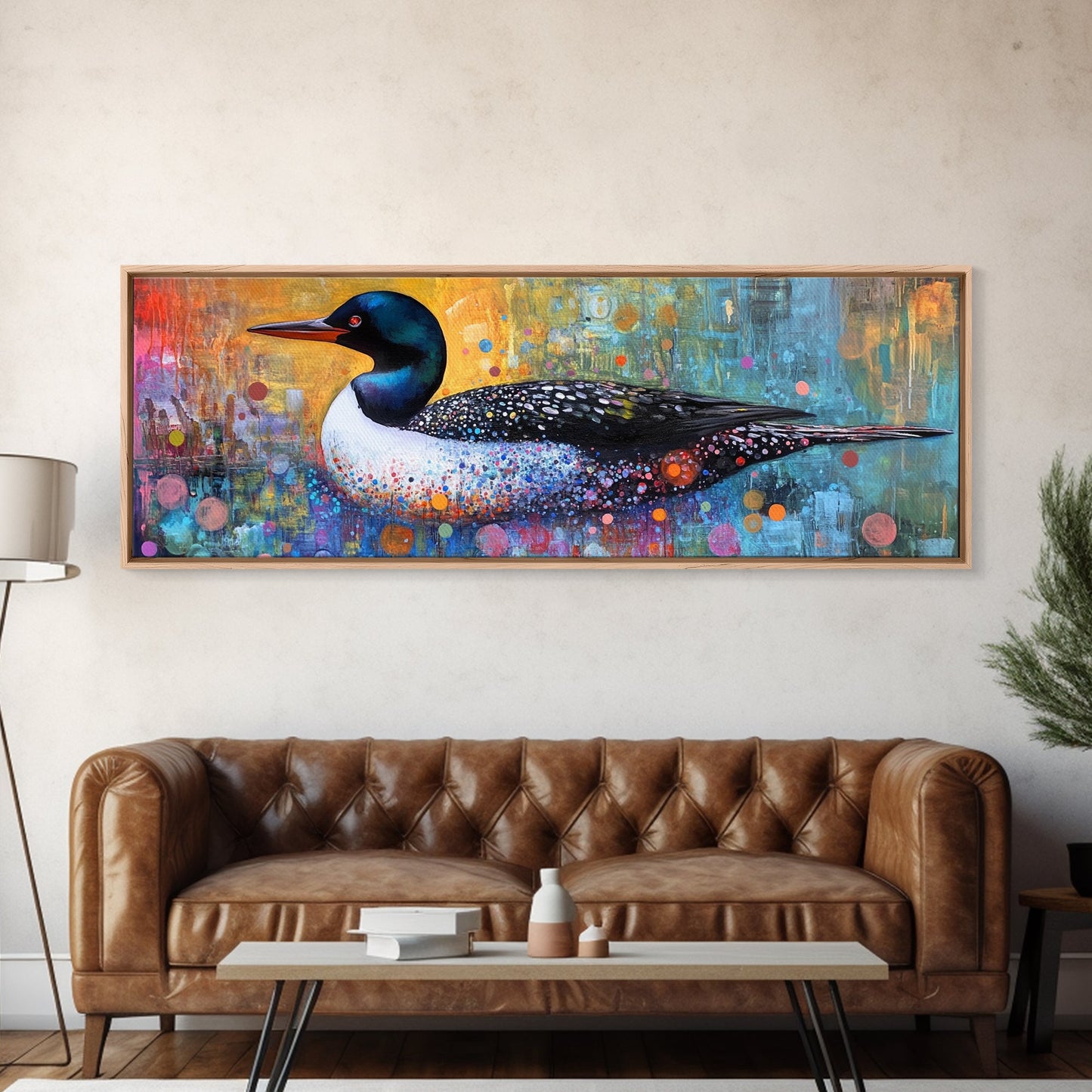 Vibrant Loon Art Framed Canvas Print Wildlife Decor Living Room Wall Art Colorful Bird Painting Modern Boho Home Accent Nature Gift