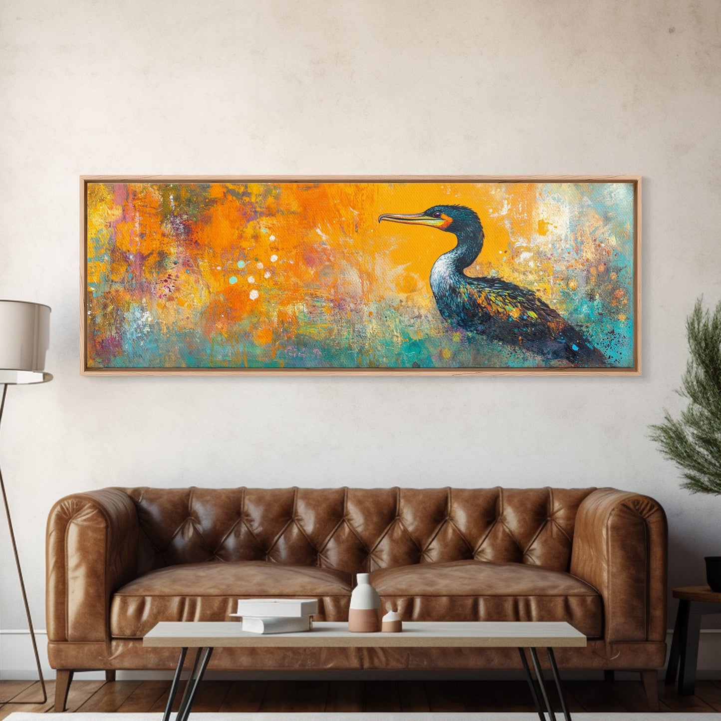 Vibrant Bird Art Framed Canvas Print Modern Wildlife Wall Art, Bold Orange Abstract Decor, Boho Nature Art, Office or Living Room Art