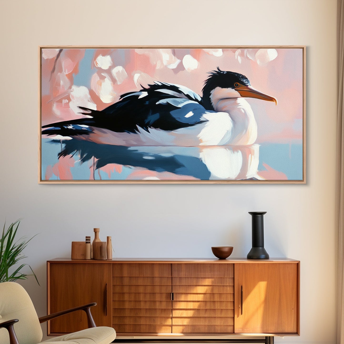 Seabird Reflection, Waterfowl Art, Coastal Wildlife, Nature Print, Framed Canvas Print, Bedroom Wall Art, Modern Animal Art