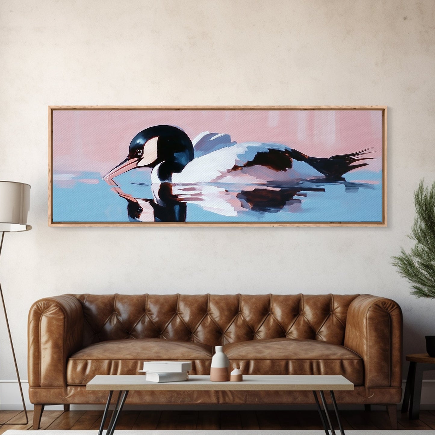 Water Bird, serene wildlife art, nature-inspired home decor, modern minimalist print, framed canvas print, coastal bird artwork