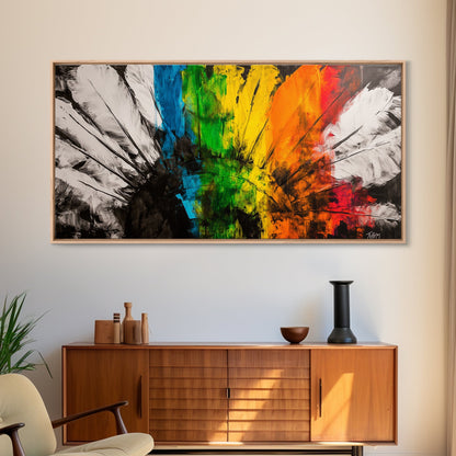 Rainbow Feathers, Colorful Abstract Art, Boho Wall Decor, Native American Inspired, Framed Canvas Print, Large Wall Art