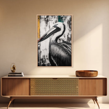 Pelican Portrait, wildlife wall art, coastal nature painting, black and white bird decor, modern beach house print, framed canvas print