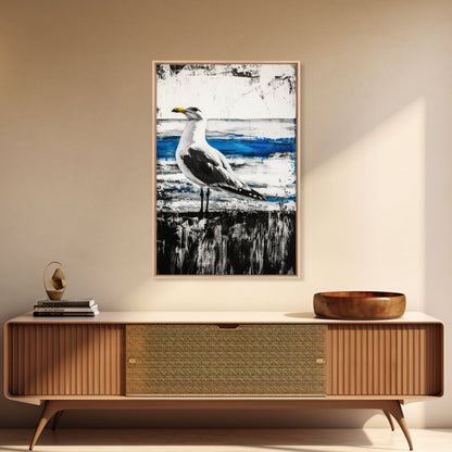 Seagull Painting, Coastal Bird Art, Ocean Wall Decor, Nautical Home Art, Blue and White Theme, Framed Canvas Print, Beach House Decor