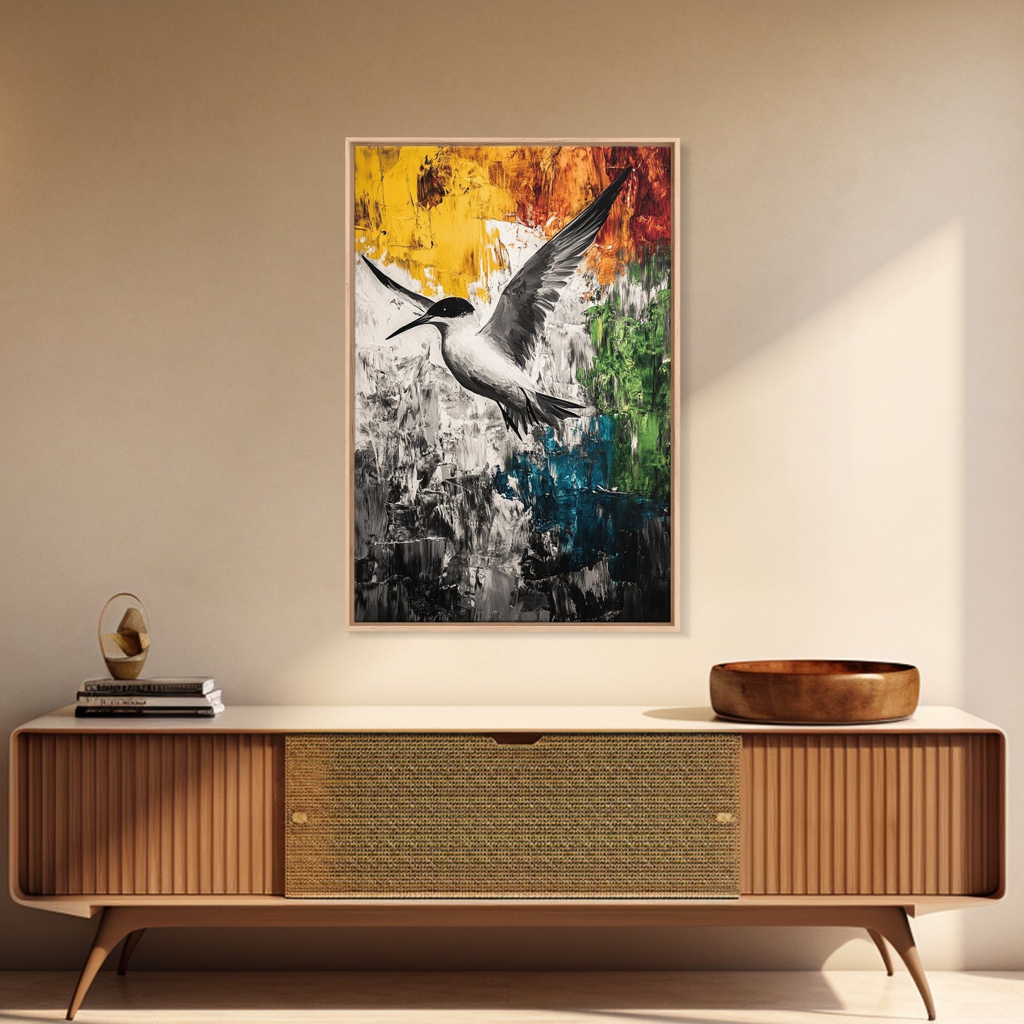 Abstract Bird, Colorful Nature Art, Modern Wildlife Painting, Coastal Framed Canvas Print, Boho Wall Art, Nature Lover Gift, Bedroom Decor