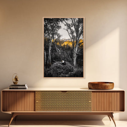Bald Eagle Nest Art, Black White Forest, Yellow Fall Trees, Wildlife Nature Decor, Rustic Lodge Wall Art, Living Room Art, Canvas Print