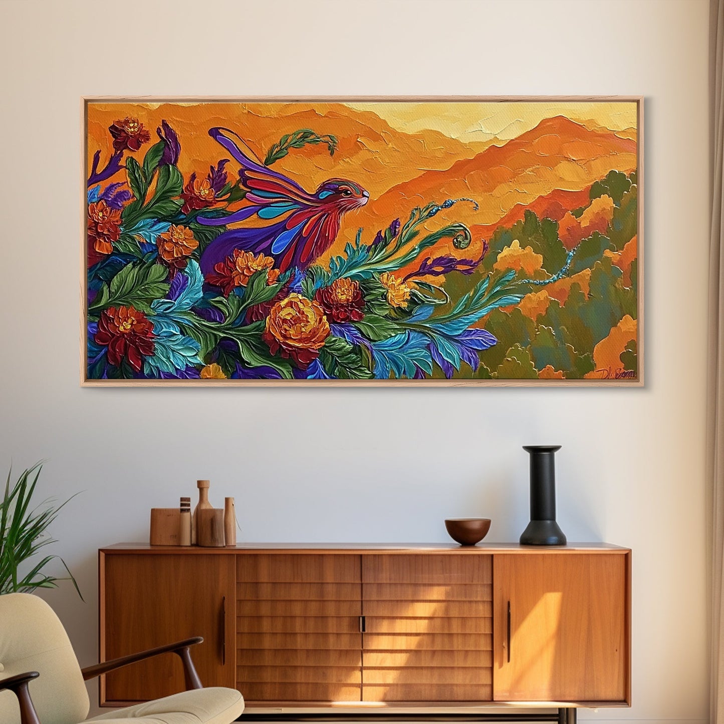 Rabbit Flowers, Fantasy, Autumn, Framed Canvas Print, Whimsical Fall Wall Art, Nursery Decor, Woodland Animal Art, Boho Autumn Style