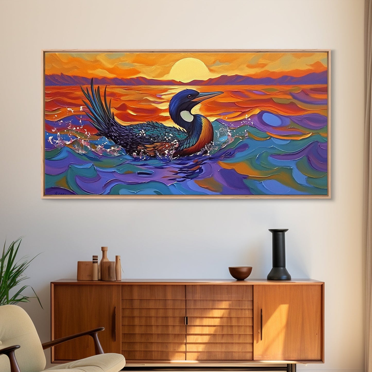 Sunset Loon, Splash, Painting, Framed Canvas Print lakehouse wall art, coastal bathroom decor, vibrant nature print, ocean artwork