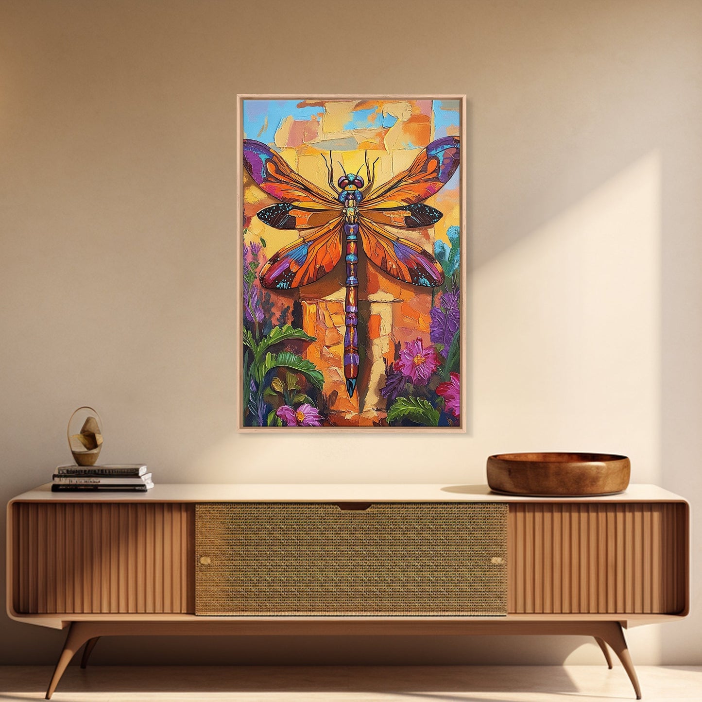 Dragonfly Floral, Bold, Nature, Framed Canvas Print, Boho dragonfly wall art, vivid nature insect painting, Bathroom or Entryway Art