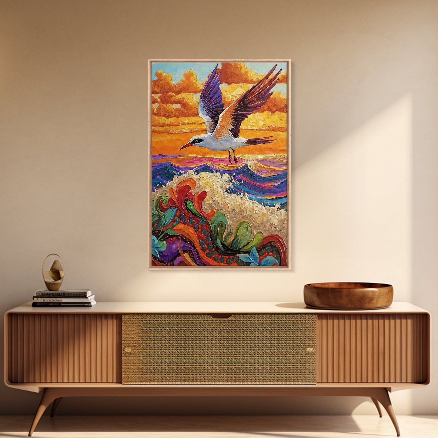 Flying Bird Sunset, Colorful Ocean Waves, Tropical Wildlife Art, Canvas Print, Boho Nature Decor, Fall Wall Accent, Vibrant Scene