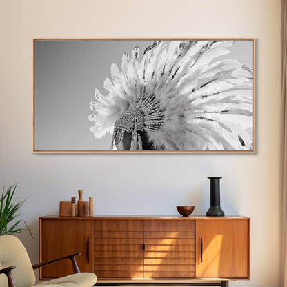 Native Headdress, Feather Crown, Cultural Tribute, Canvas Print, Boho Tribal Decor, Bedroom Wall Art, Monochrome Indigenous Style