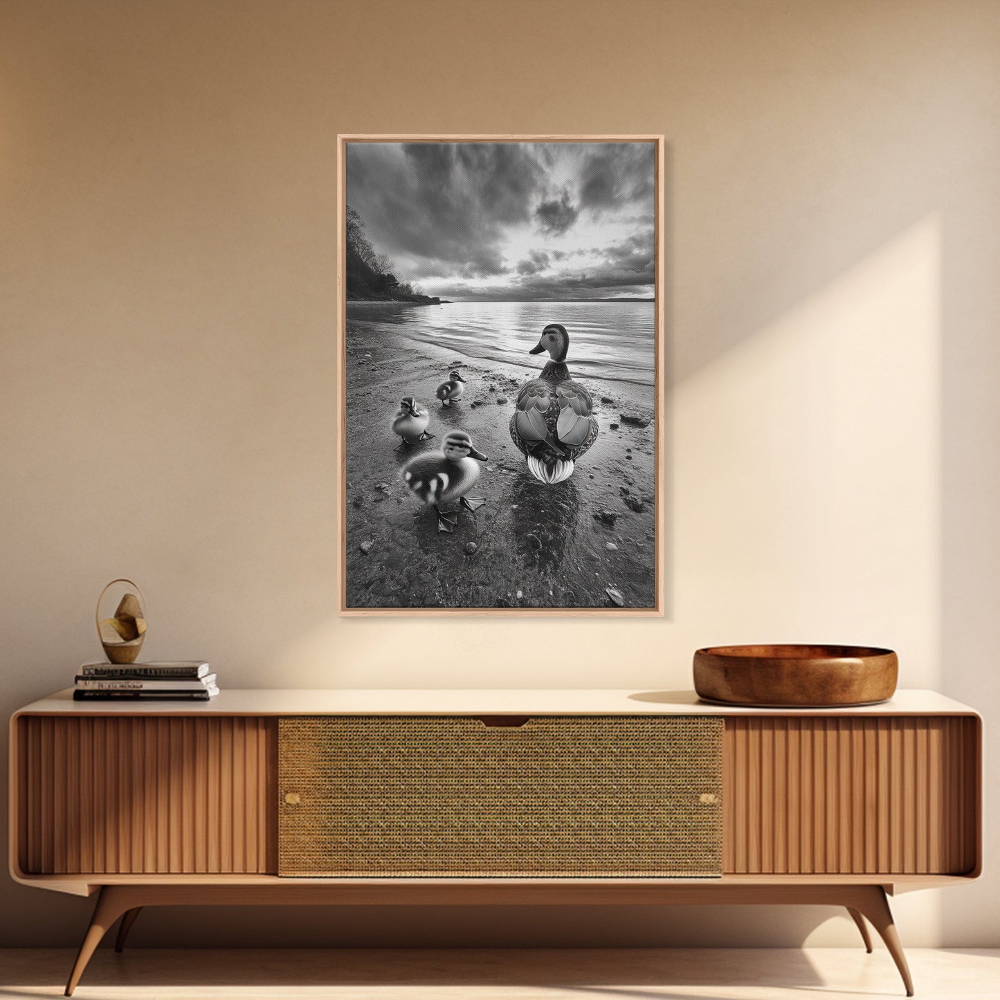 Duck Family, Lakeside Peace, Nature Walk, Canvas Print, Wholesome Wall Art, Nursery Animal Decor, Cozy Autumn Photography Style