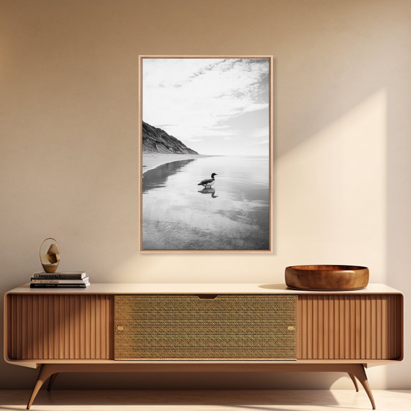 Lone Loon, Quiet Reflection, Coastal Bird, Framed Canvas Print, Nature Wall Art, Bathroom Decor, Serene Black and White Art