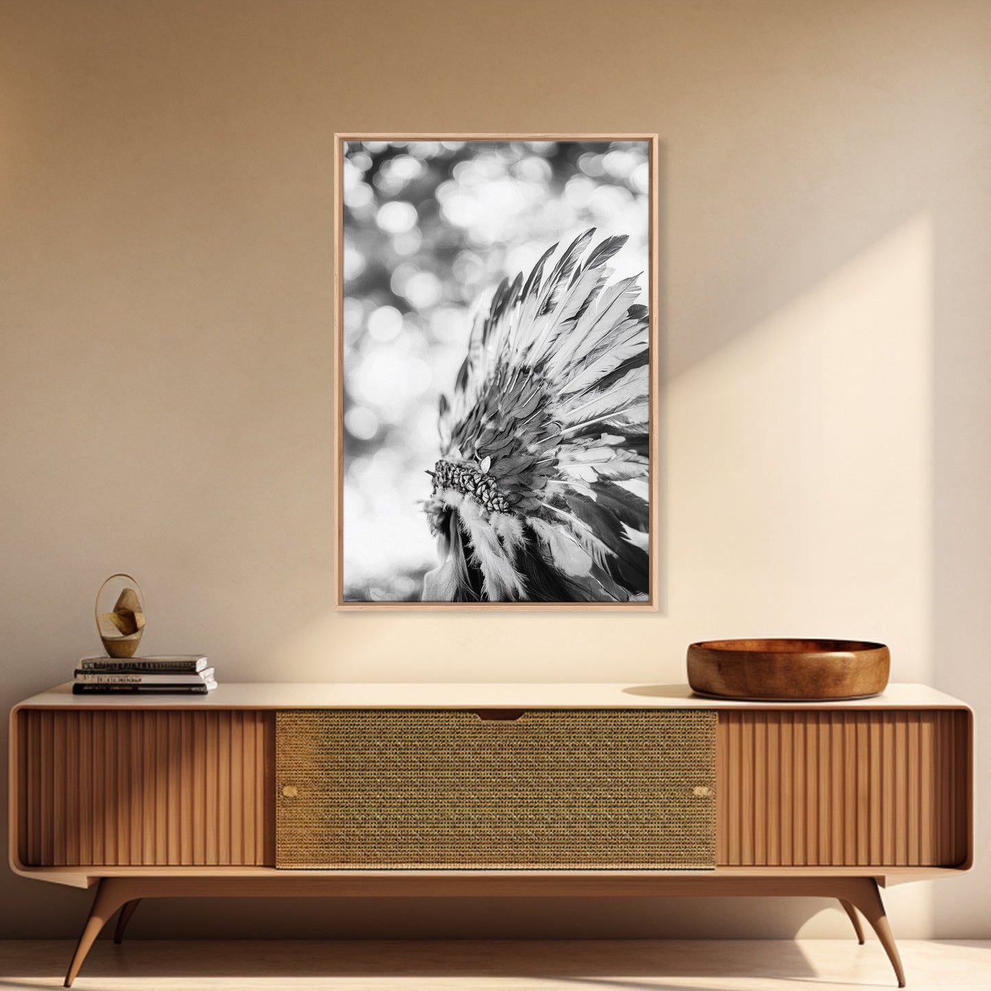 Feather Headdress, Native Style, Tribal Detail, Canvas Print, Boho Wall Decor, Cultural Art, Bedroom Accent, Earthy Minimalism