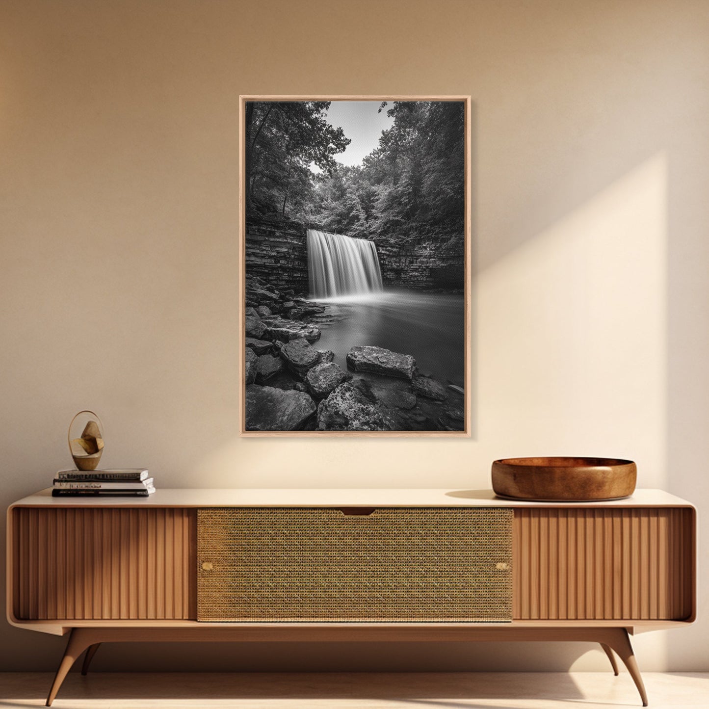 Waterfall Serenity, Nature Escape, River Rock Flow, Bedroom Wall Decor, Framed Canvas Print, Modern Rustic Forest Wall Art