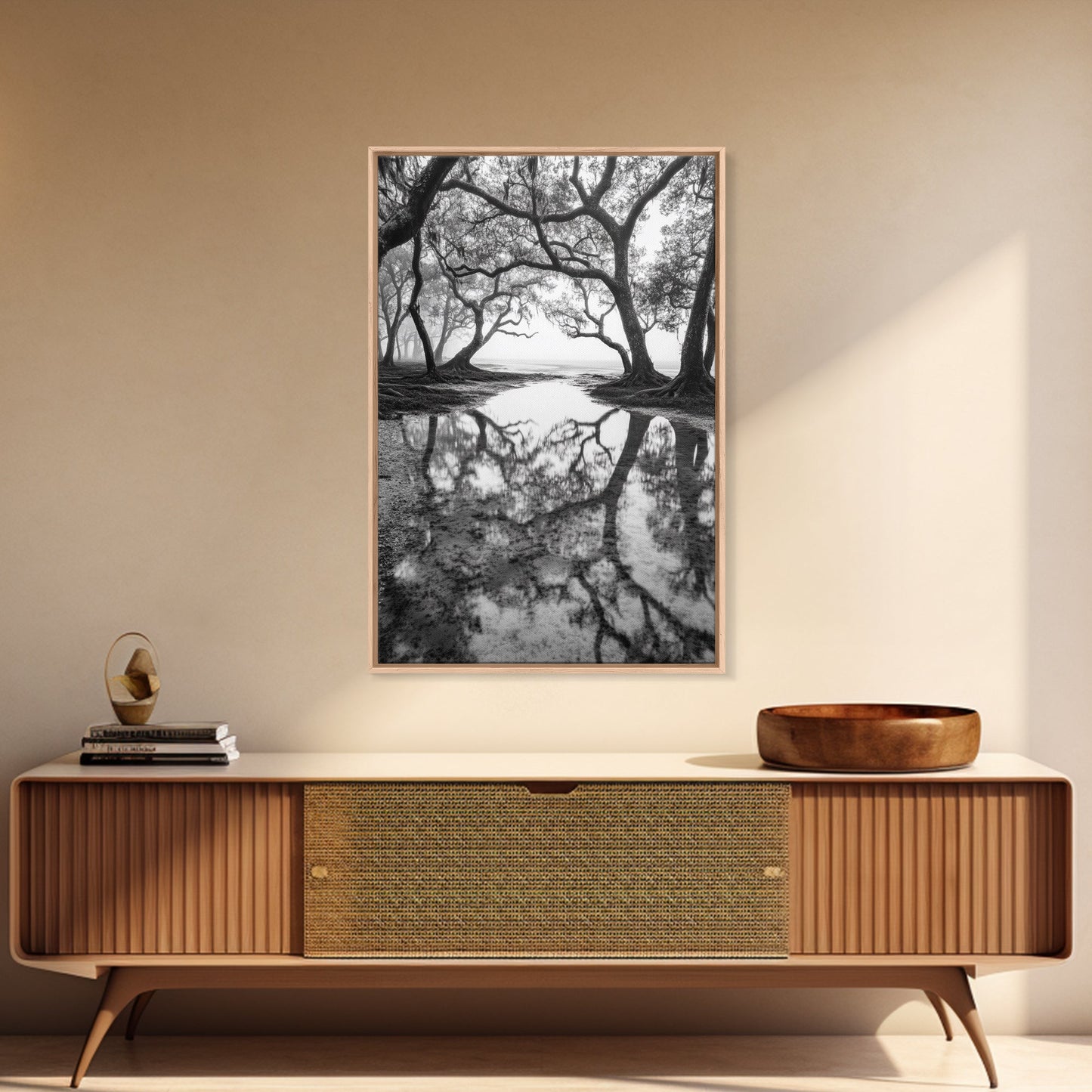 Misty Forest Trees, Reflection Photography, Nature Landscape, Canvas Print, Neutral Tones, Bedroom Wall Decor, Moody Autumn Forest Art