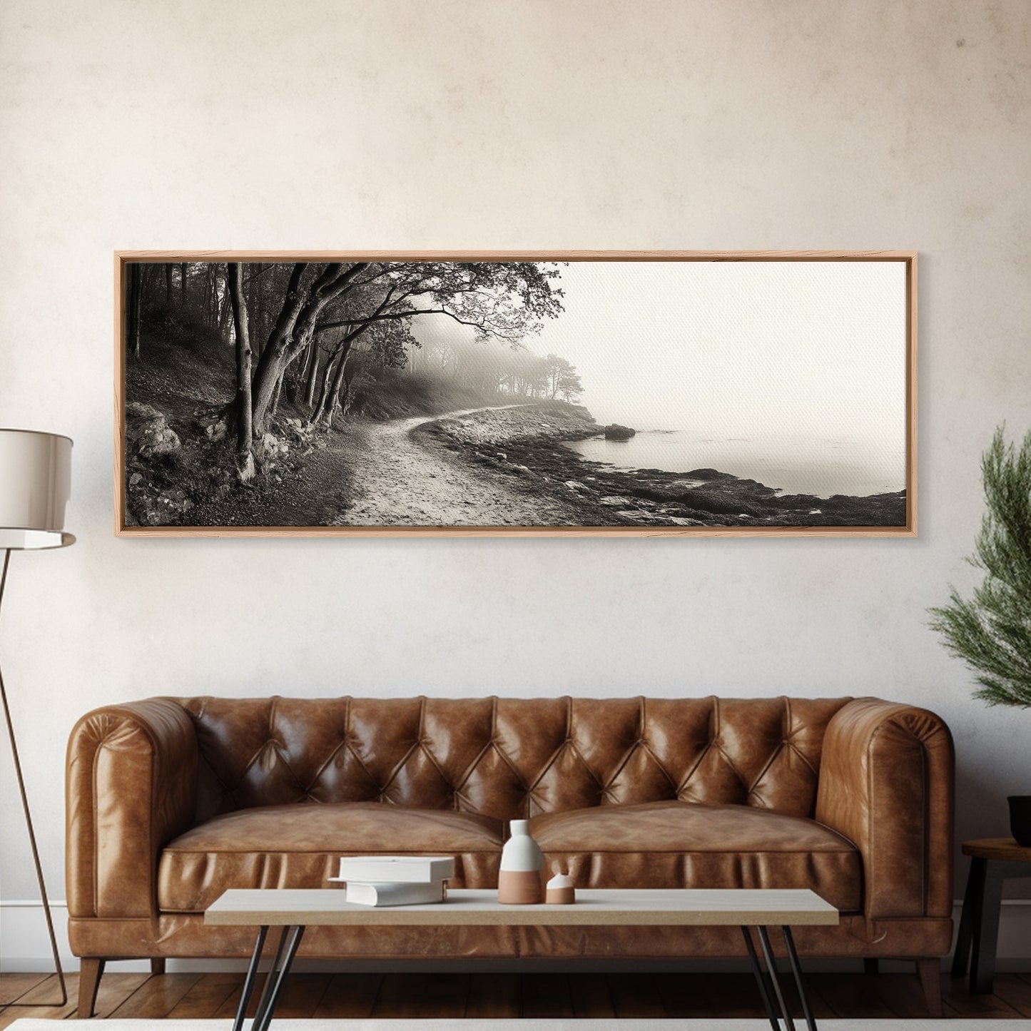 Forest Path, Misty Woods, Quiet Trail, Coastal Fog, Framed Canvas Print, Scandinavian Decor, Entryway Art, Minimal Nature Photography