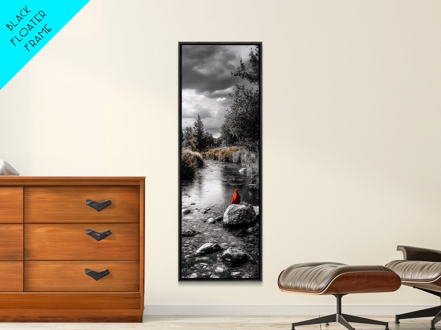 Red Cardinal, River Print, Nature Wildlife Art, Peaceful Landscape, Canvas Print, Rustic Living Room Decor, Autumn Wall Art, Forest Bird