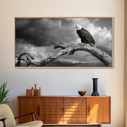 Eagle, Branch, Storm, Power and grace collide in this Framed Canvas Print of a majestic eagle perched before a storm, Living Room Wall Art