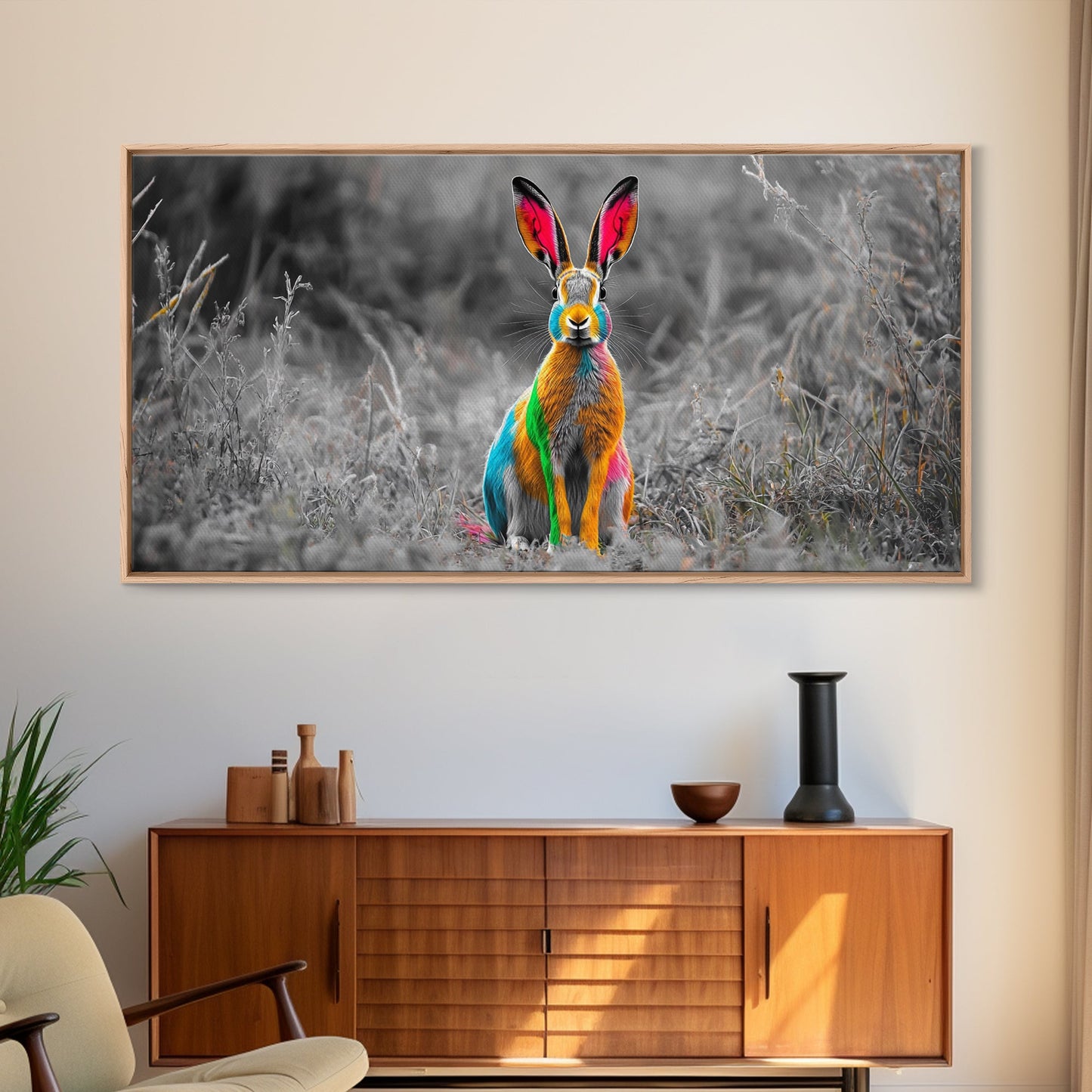 Rainbow Rabbit, Colorful Bunny, Surreal Wildlife, Nature Fantasy – Canvas Print, Kids Room Wall Art, Whimsical Decor, Modern Animal Art