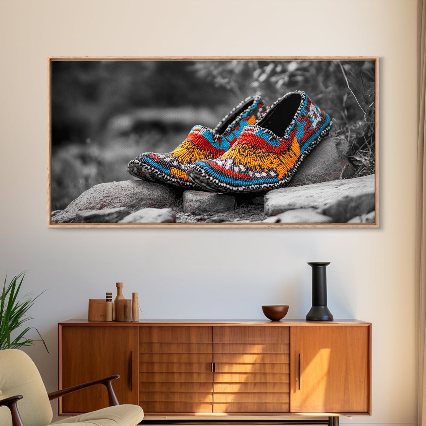 Native Beaded Shoes, Color Pop, Bohemian Style, Tribal Art, Framed Canvas Print, Rustic Wall Art, Entryway Decor, Ethnic Home Accent