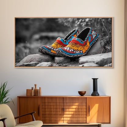Native Beaded Shoes, Color Pop, Bohemian Style, Tribal Art, Framed Canvas Print, Rustic Wall Art, Entryway Decor, Ethnic Home Accent