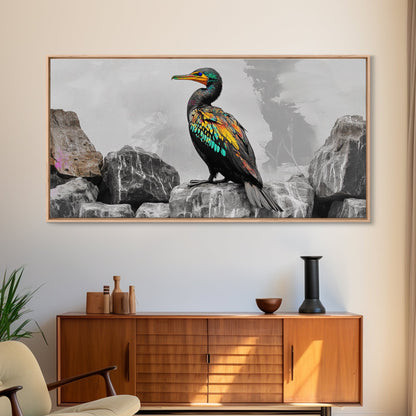 Vibrant Sea Bird, Colorful Wildlife Perch, Artistic Bird Feathers, Framed Canvas Print, Nature Wall Art, Office Decor, Boho Animal Style