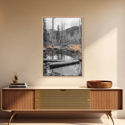 Forest Pond, Moody Woods, Black and White, Autumn Grass, Framed Canvas Print rustic cabin art, nature wall decor, woodland living room art