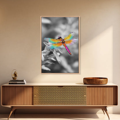 Rainbow Dragonfly, Vibrant Bug, Botanical Contrast, Framed Canvas Print, Nature Inspired Art, Bedroom Wall Decor, Whimsical Garden Accent