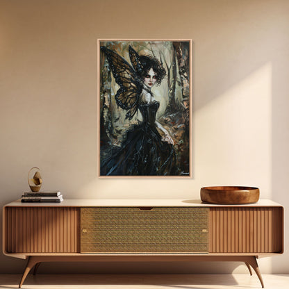 Dark Gothic Fairy with Butterfly Wings| Halloween Wall Art | Spooky Home Decor | Creepy Gothic Fairy Painting | Framed Canvas Print