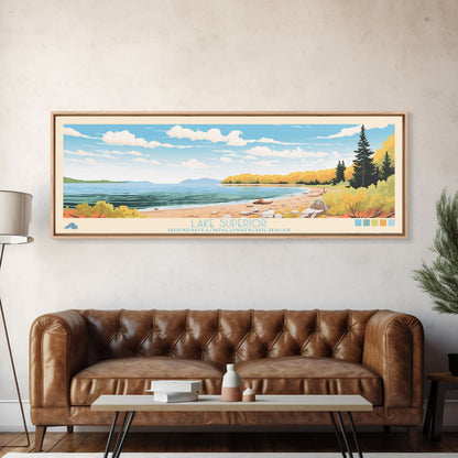 Lake Superior MinnesotaWisconsinMichigan Framed Canvas Print, Panoramic Wall Art, Midcentury Modern, Pop Art, Living Room Decor, Travel Poster, Lake House Art